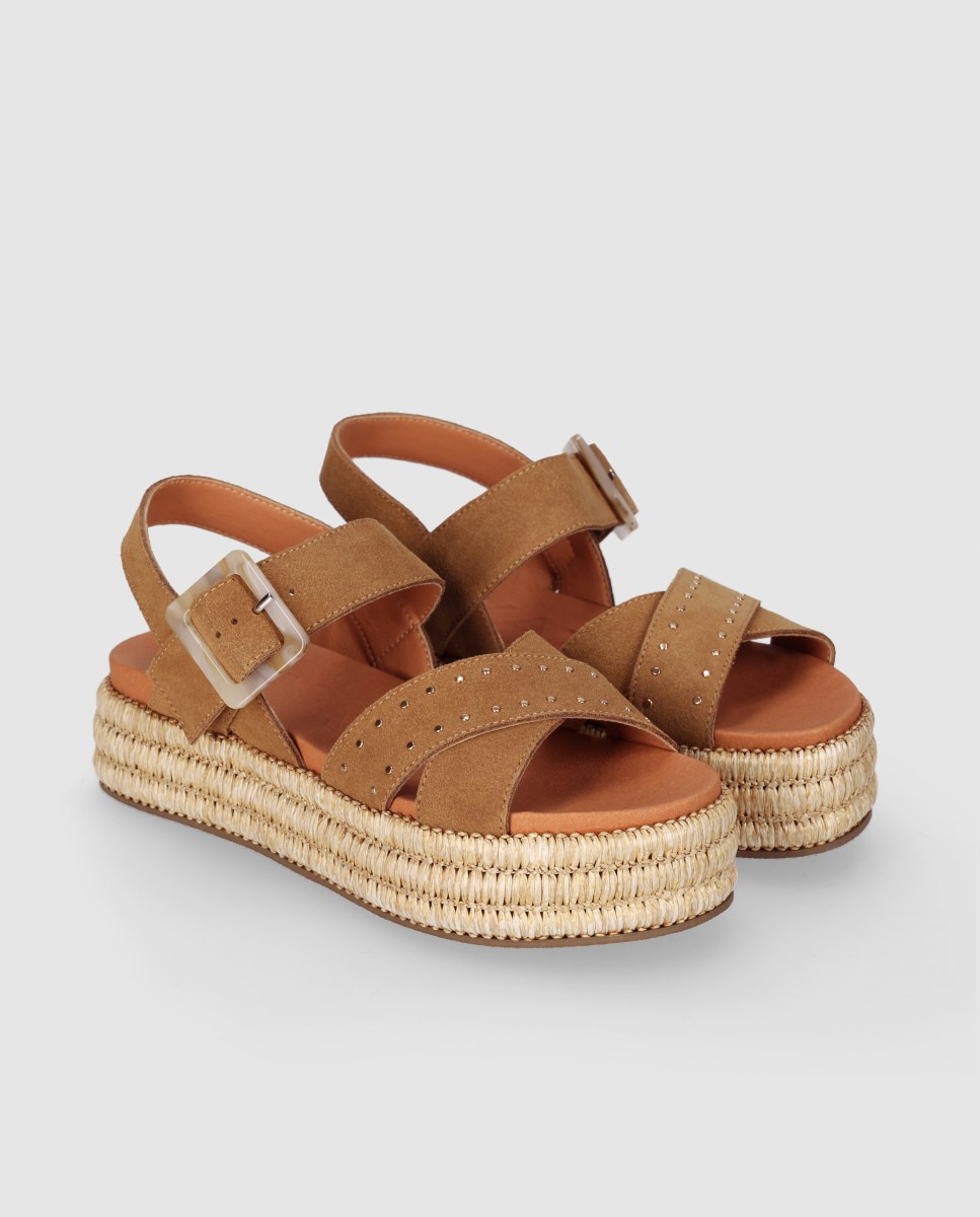 Sandalias planas de mujer en piel con piso de yute y palas de tiras anchas cruzadas - Chika10 - Marrón claro Marrón claro-3