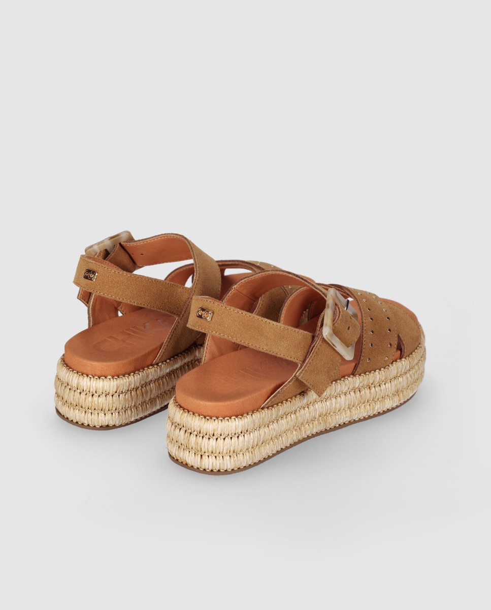 Sandalias planas de mujer en piel con piso de yute y palas de tiras anchas cruzadas - Chika10 - Marrón claro Marrón claro-2