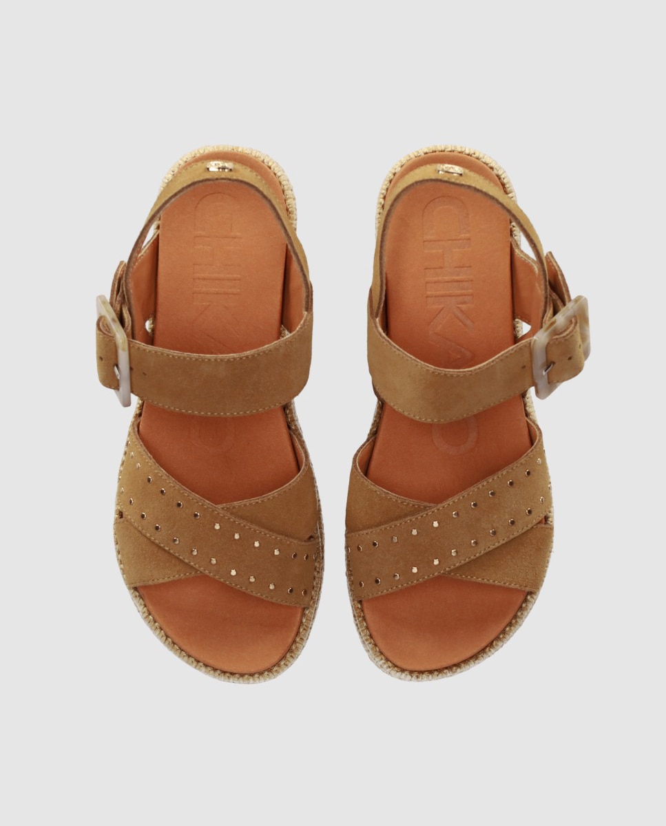 Sandalias planas de mujer en piel con piso de yute y palas de tiras anchas cruzadas - Chika10 - Marrón claro Marrón claro-4