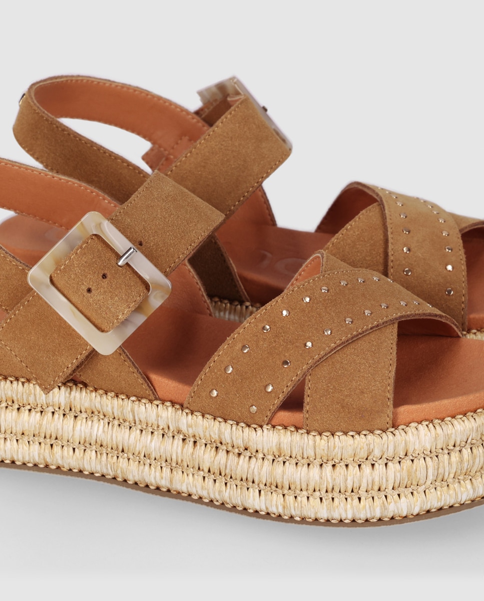 Sandalias planas de mujer en piel con piso de yute y palas de tiras anchas cruzadas - Chika10 - Marrón claro Marrón claro-5