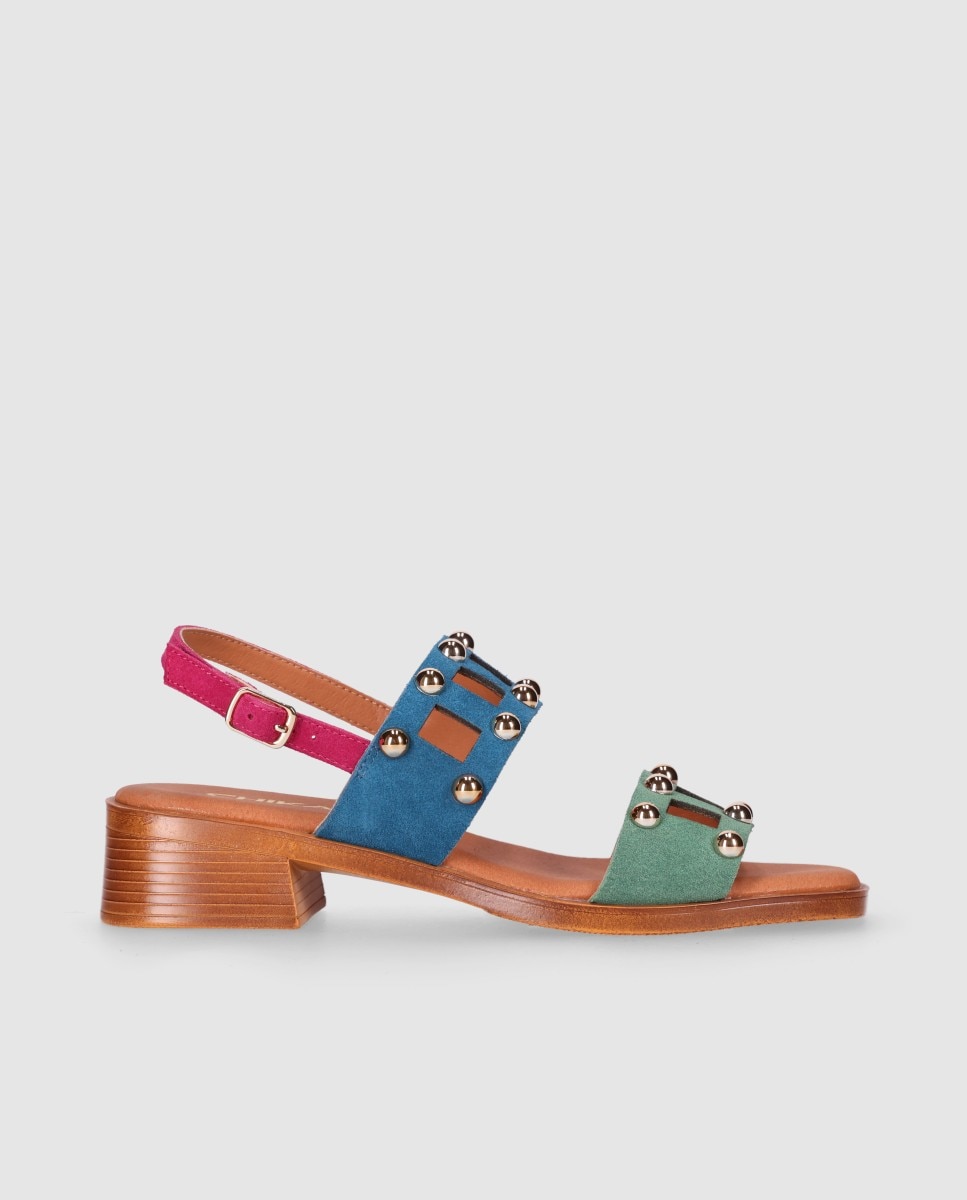 Sandalias de tacón de mujer en piel con doble tira troquelada y decoraciones metálicas - Chika10 - Azul / Verde Azul / Verde-1