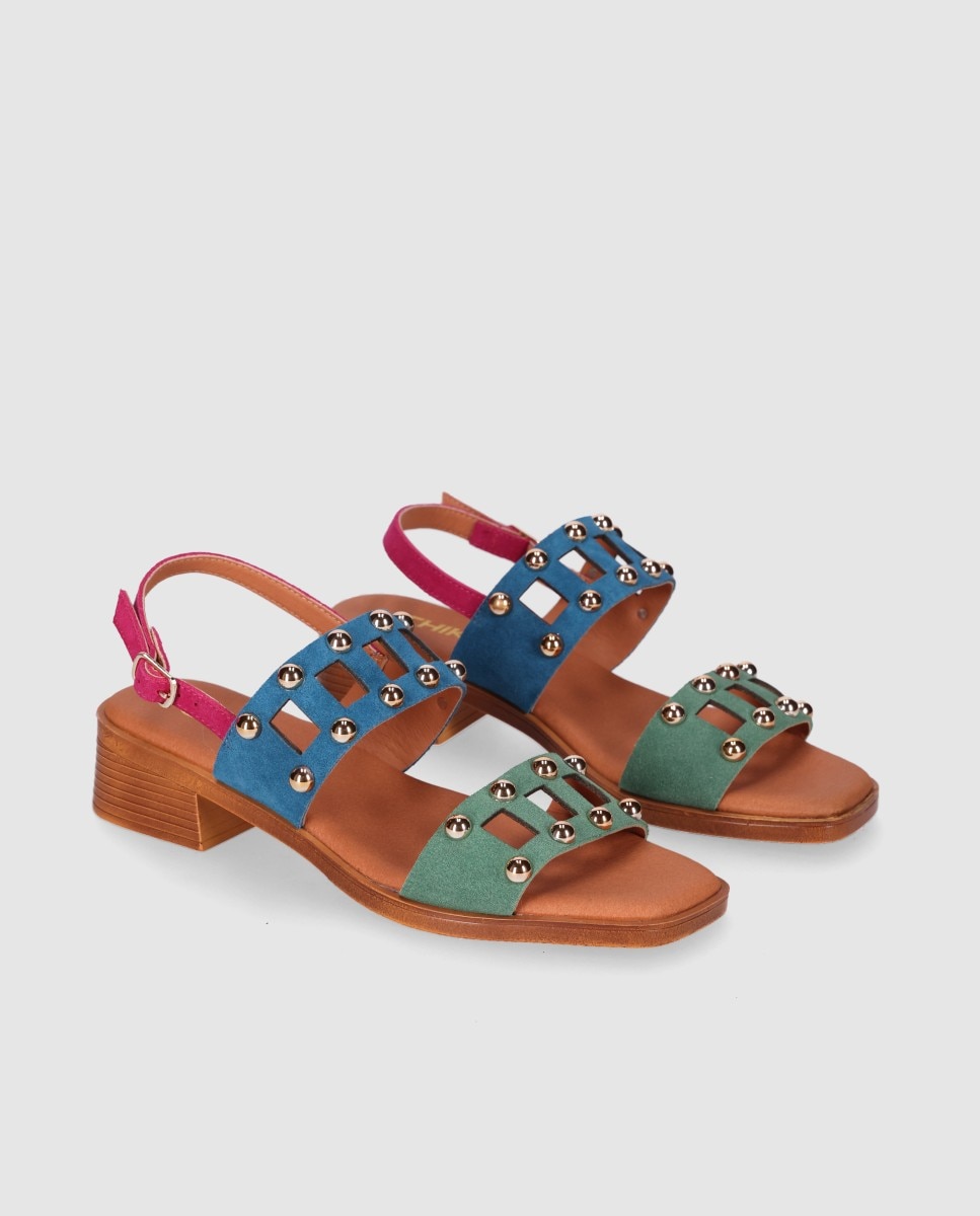 Sandalias de tacón de mujer en piel con doble tira troquelada y decoraciones metálicas - Chika10 - Azul / Verde Azul / Verde-3