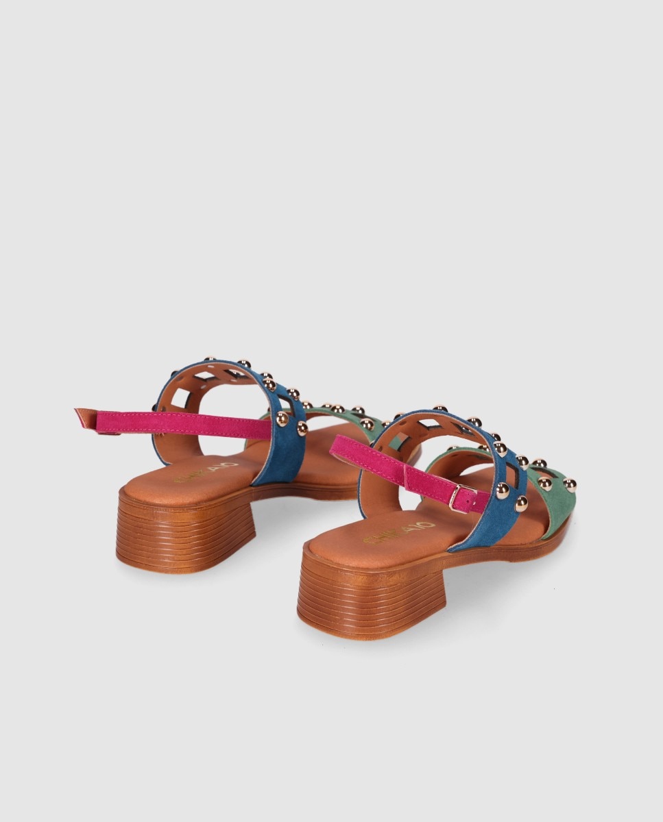 Sandalias de tacón de mujer en piel con doble tira troquelada y decoraciones metálicas - Chika10 - Azul / Verde Azul / Verde-2