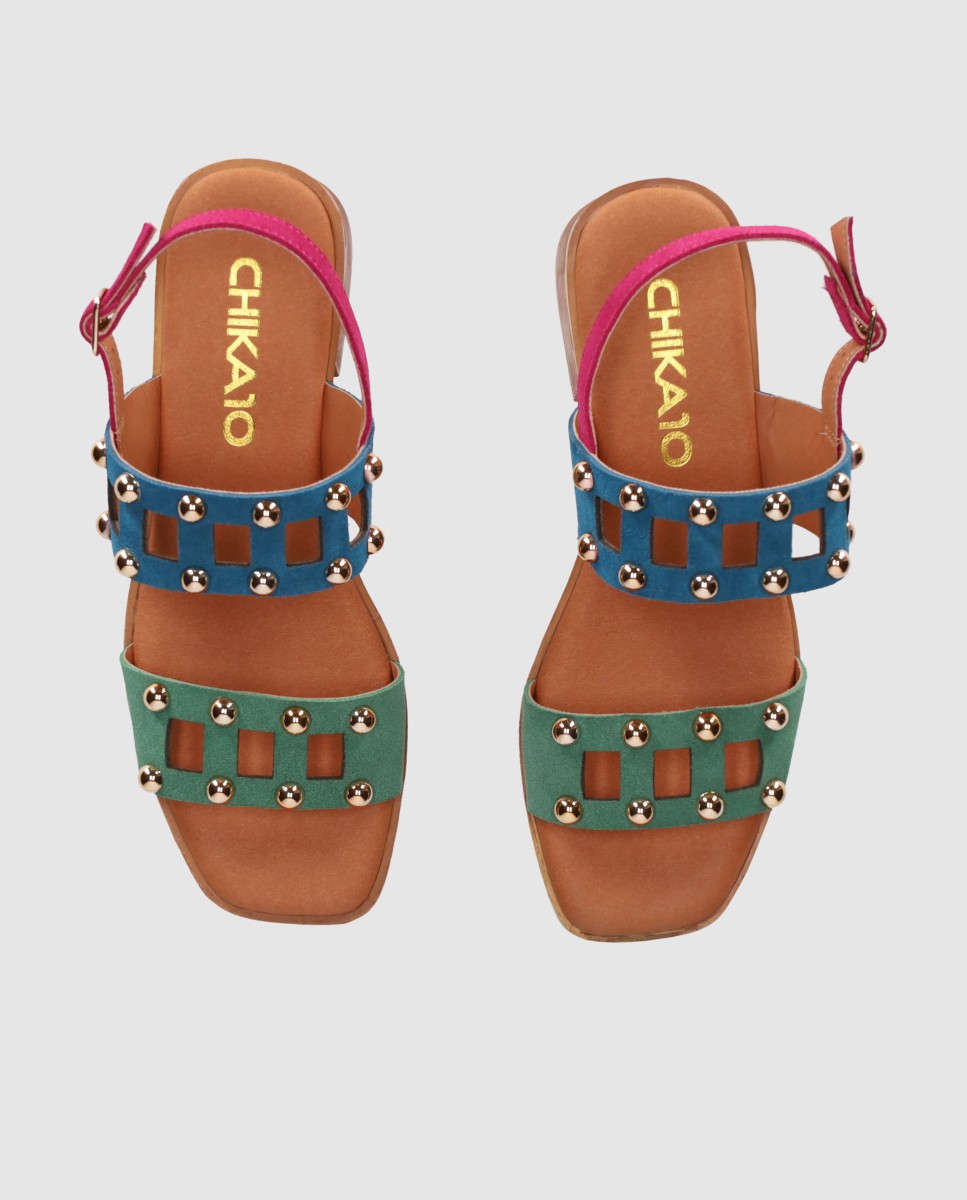 Sandalias de tacón de mujer en piel con doble tira troquelada y decoraciones metálicas - Chika10 - Azul / Verde Azul / Verde-4