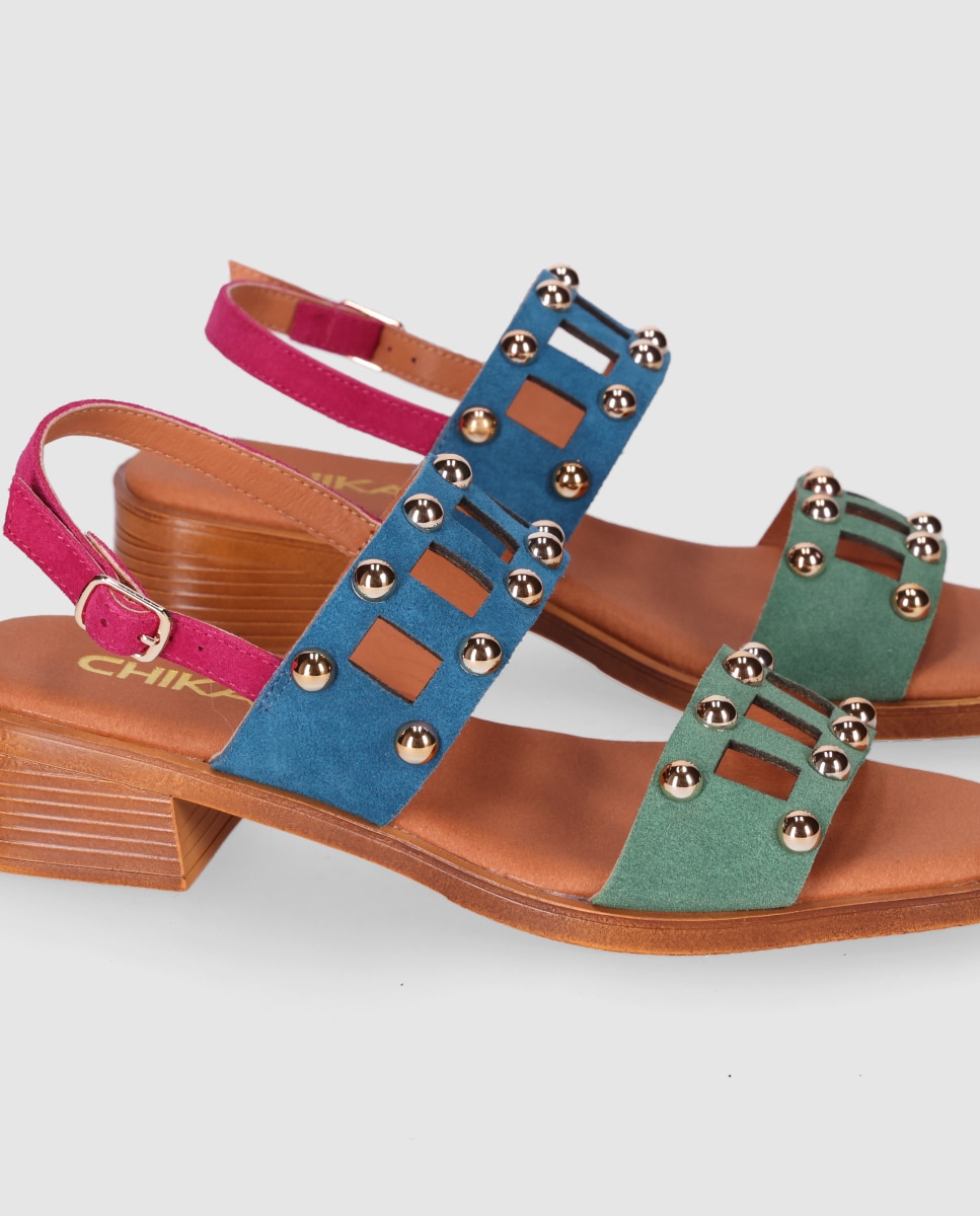 Sandalias de tacón de mujer en piel con doble tira troquelada y decoraciones metálicas - Chika10 - Azul / Verde Azul / Verde-5