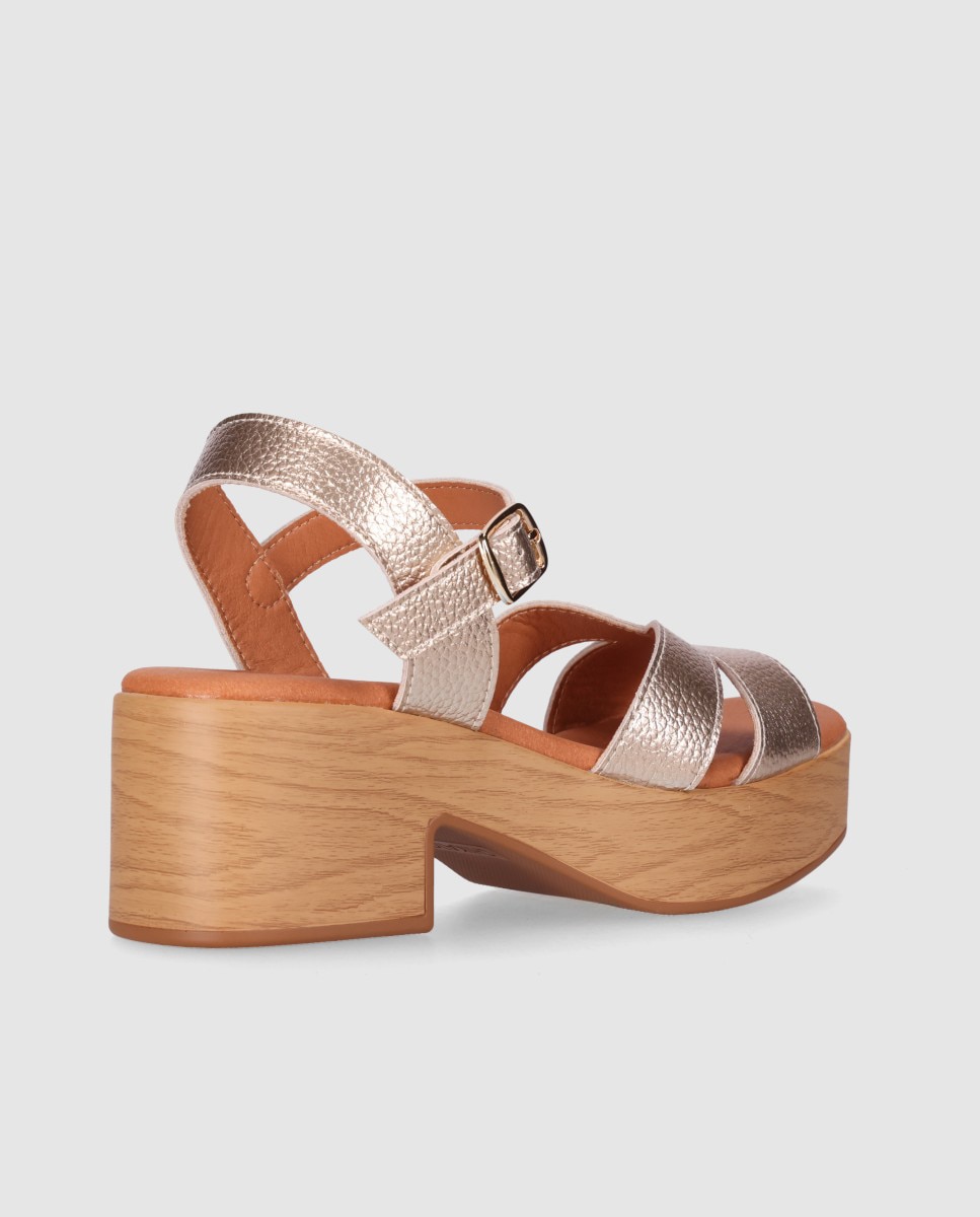 Sandalias de tacón bajo de mujer en piel con plataforma efecto madera y pala de corte simétrico - Chika10 - Oro Oro-2