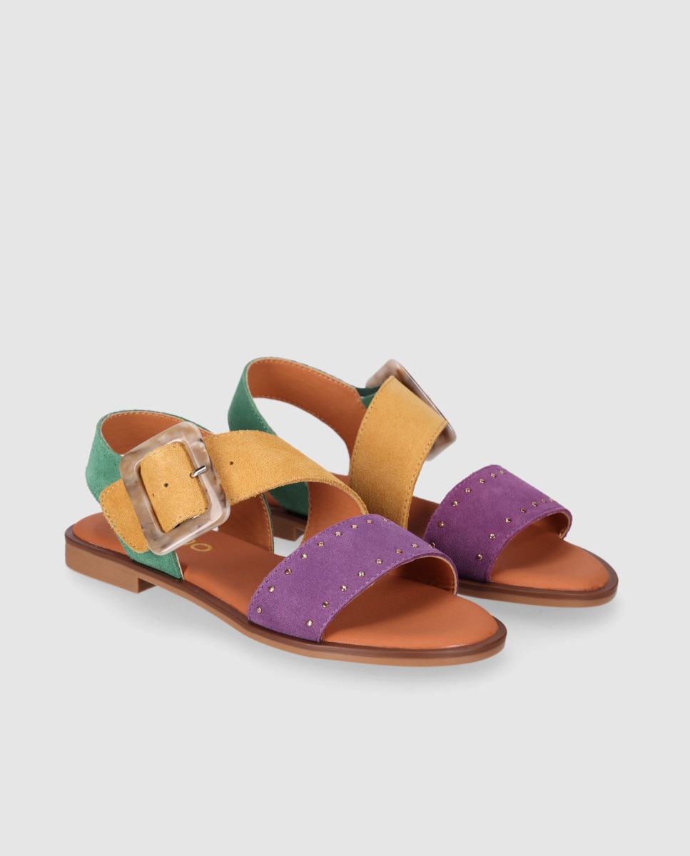 Sandalias planas de mujer de piel con cierre de hebilla y plantilla acolchada - Chika10 - Morado Morado-3