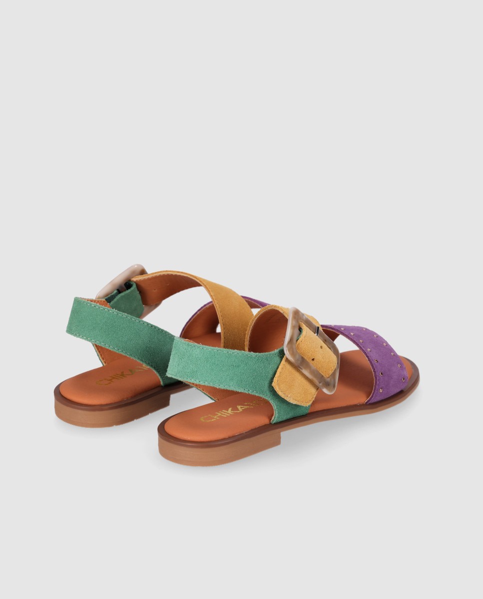 Sandalias planas de mujer de piel con cierre de hebilla y plantilla acolchada - Chika10 - Morado Morado-2