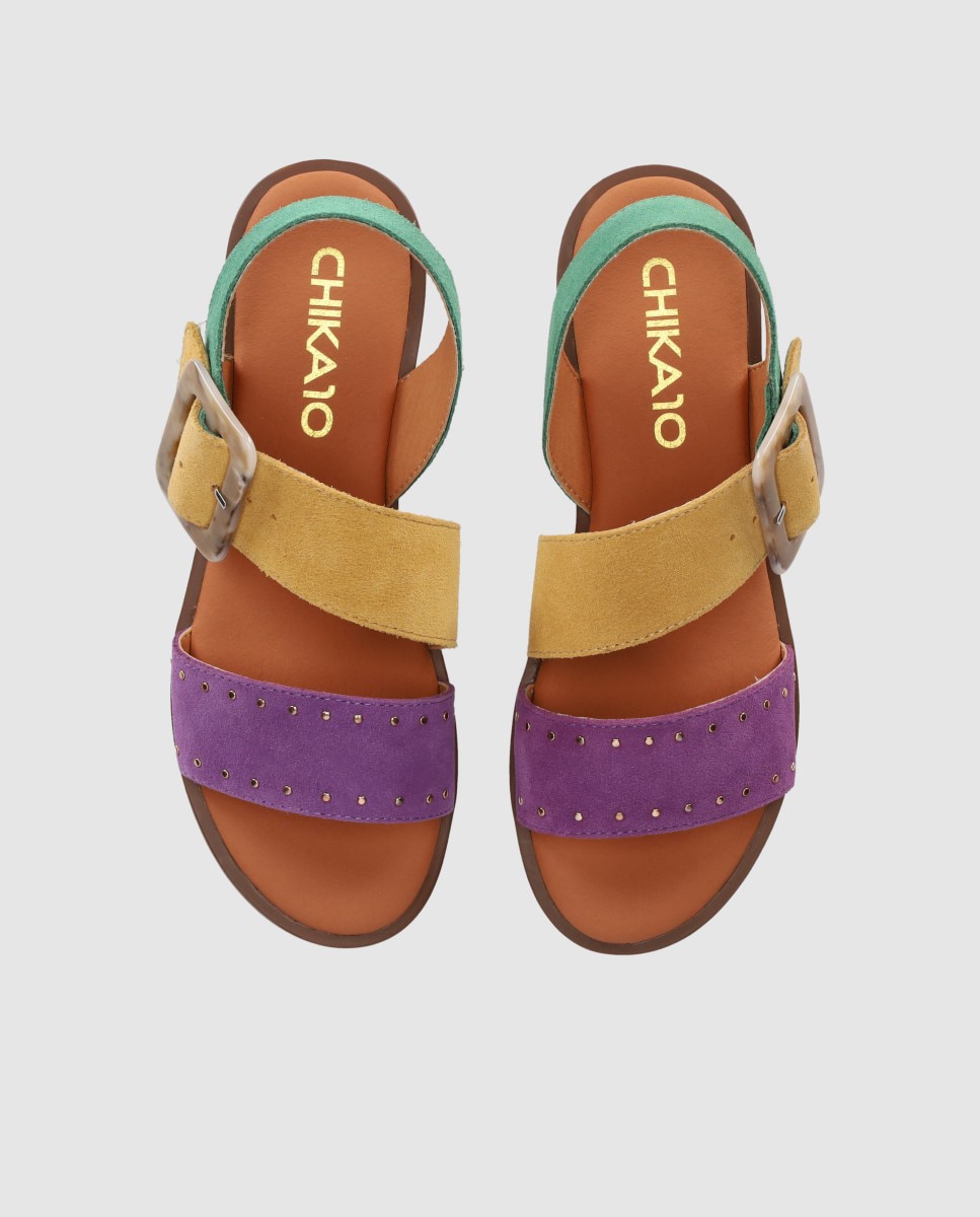 Sandalias planas de mujer de piel con cierre de hebilla y plantilla acolchada - Chika10 - Morado Morado-4