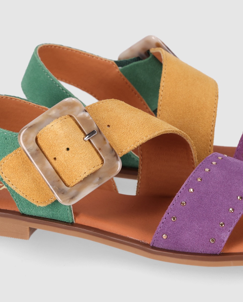 Sandalias planas de mujer de piel con cierre de hebilla y plantilla acolchada - Chika10 - Morado Morado-5