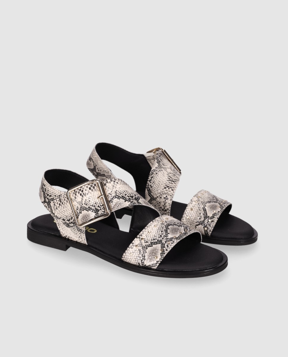 Sandalias planas de mujer de piel con cierre de hebilla y plantilla acolchada - Chika10 - Estampado Estampado-3