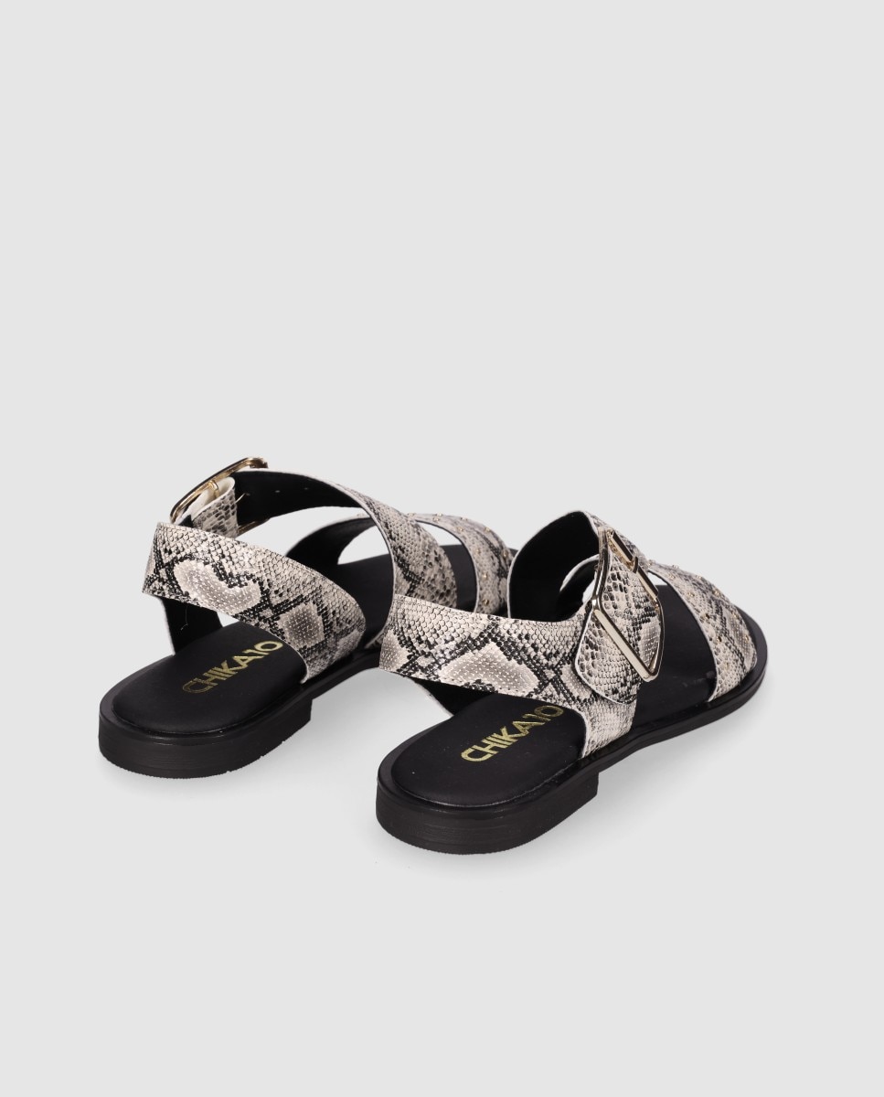Sandalias planas de mujer de piel con cierre de hebilla y plantilla acolchada - Chika10 - Estampado Estampado-2