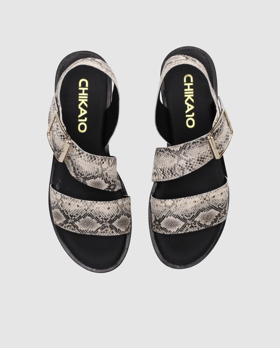 Sandalias planas de mujer de piel con cierre de hebilla y plantilla acolchada - Chika10 - Estampado Estampado-4