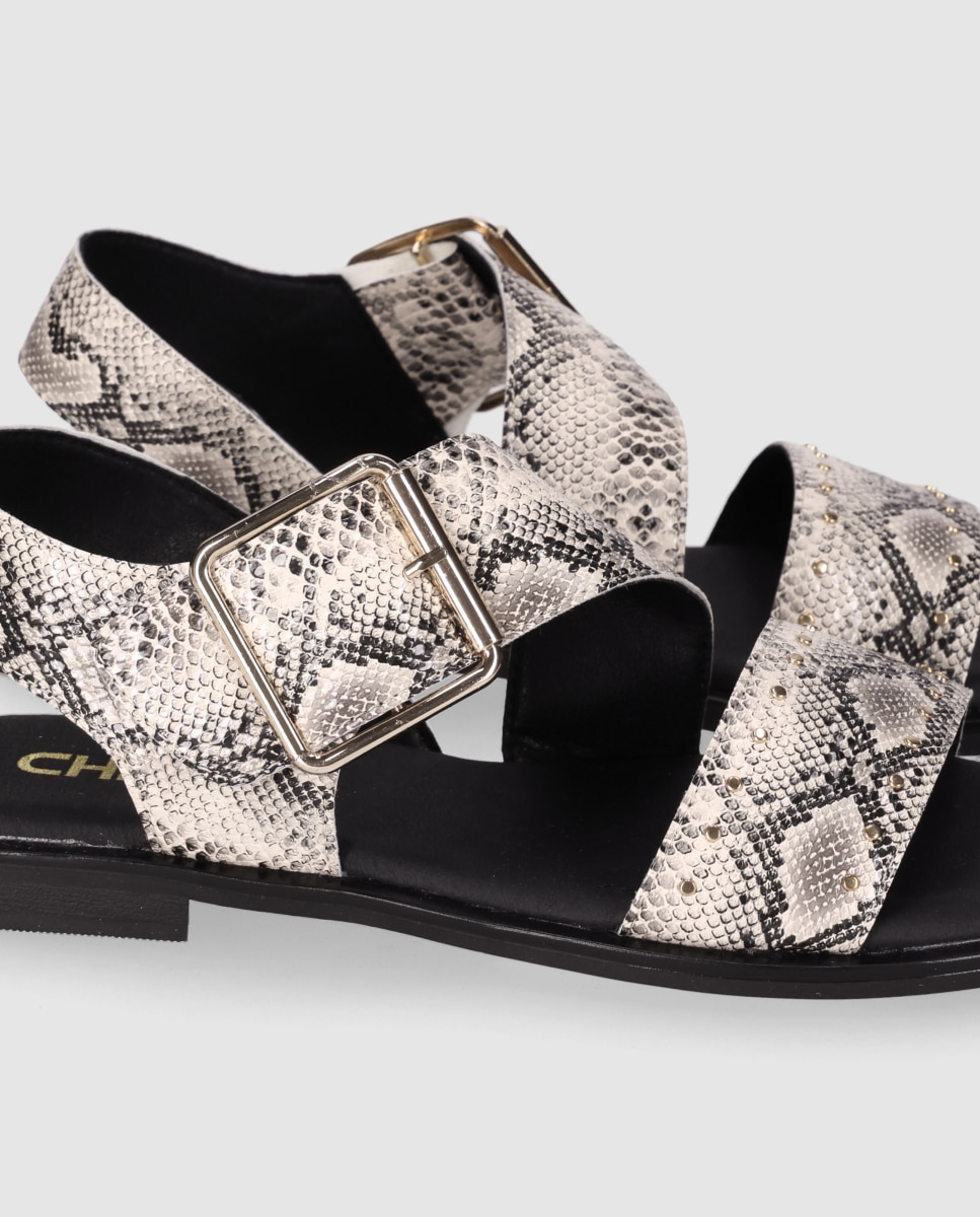 Sandalias planas de mujer de piel con cierre de hebilla y plantilla acolchada - Chika10 - Estampado Estampado-5