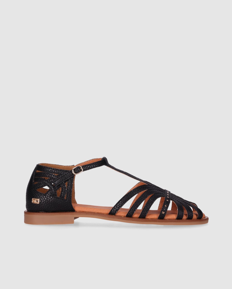 Sandalias planas de mujer realizadas en piel con puntera semi cerrada y hebilla al tobillo - Chika10 - Negro Negro-1