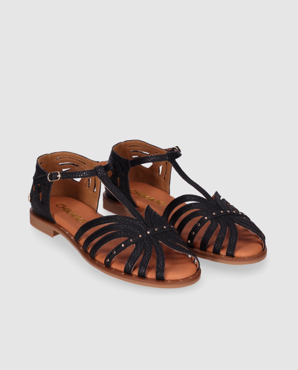 Sandalias planas de mujer realizadas en piel con puntera semi cerrada y hebilla al tobillo - Chika10 - Negro Negro-3