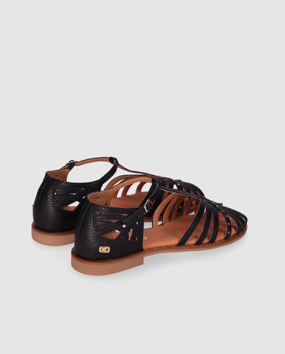Sandalias planas de mujer realizadas en piel con puntera semi cerrada y hebilla al tobillo - Chika10 - Negro Negro-2