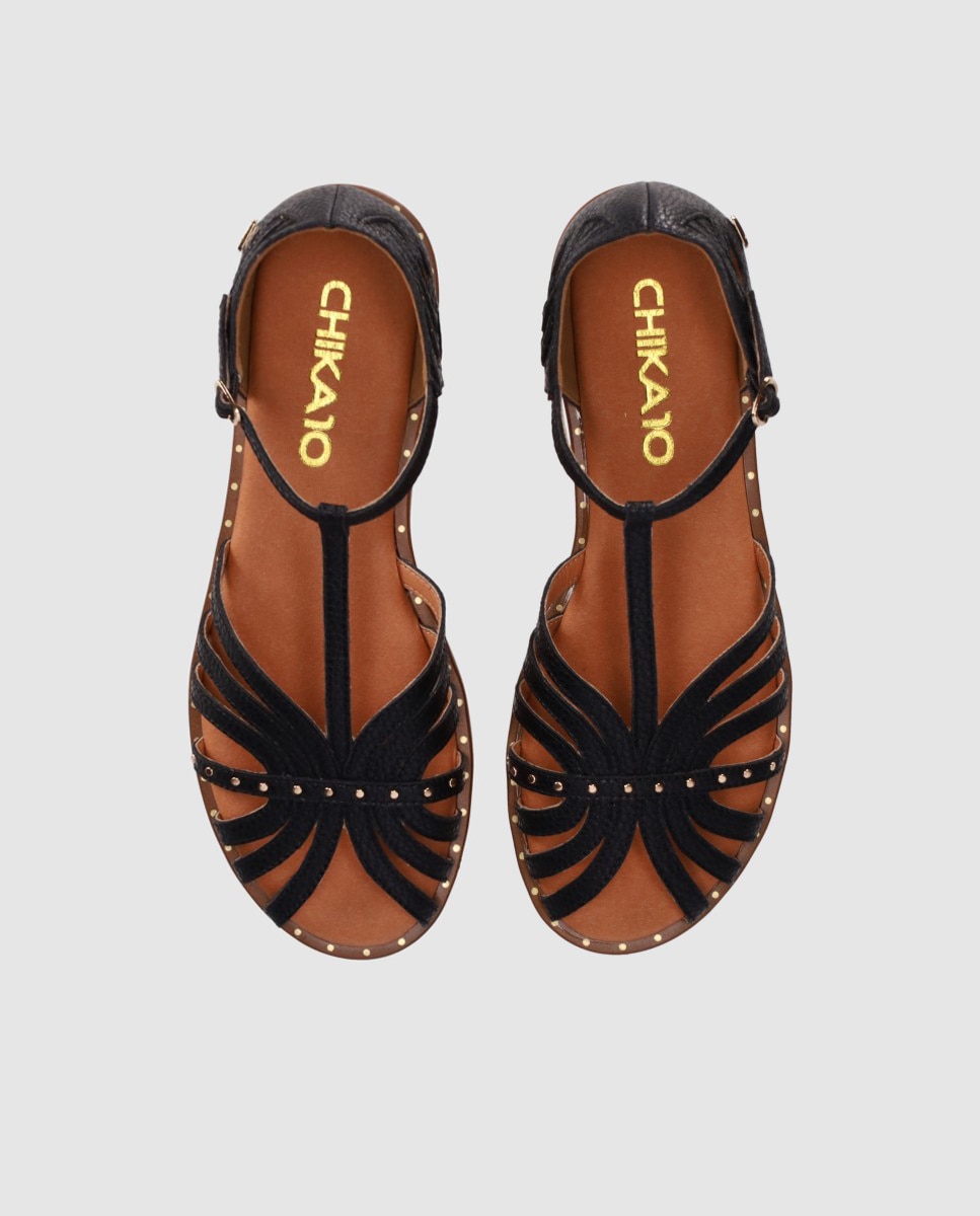 Sandalias planas de mujer realizadas en piel con puntera semi cerrada y hebilla al tobillo - Chika10 - Negro Negro-4