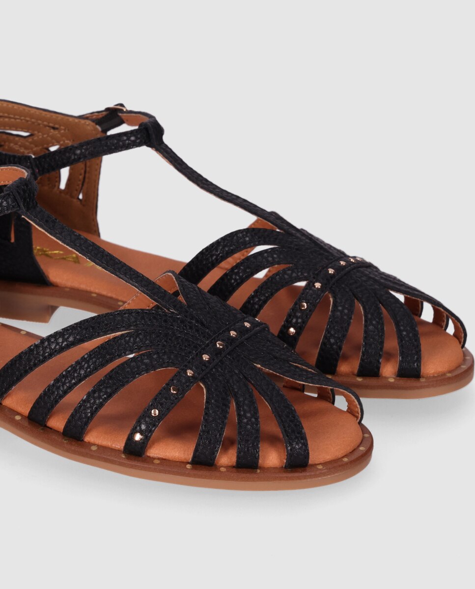 Sandalias planas de mujer realizadas en piel con puntera semi cerrada y hebilla al tobillo - Chika10 - Negro Negro-5
