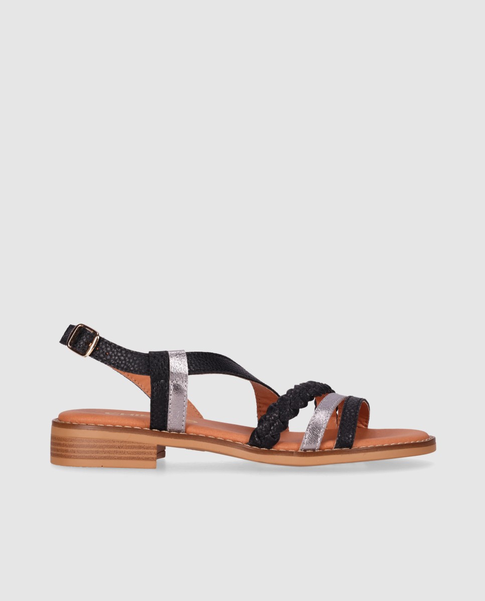 Sandalias de tiras de mujer de piel con plantilla acolchada y cierre de hebilla al tobillo - Chika10 - Negro / Plata Negro / Plata-1