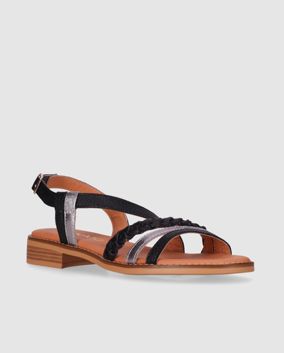 Sandalias de tiras de mujer de piel con plantilla acolchada y cierre de hebilla al tobillo - Chika10 - Negro / Plata Negro / Plata-3