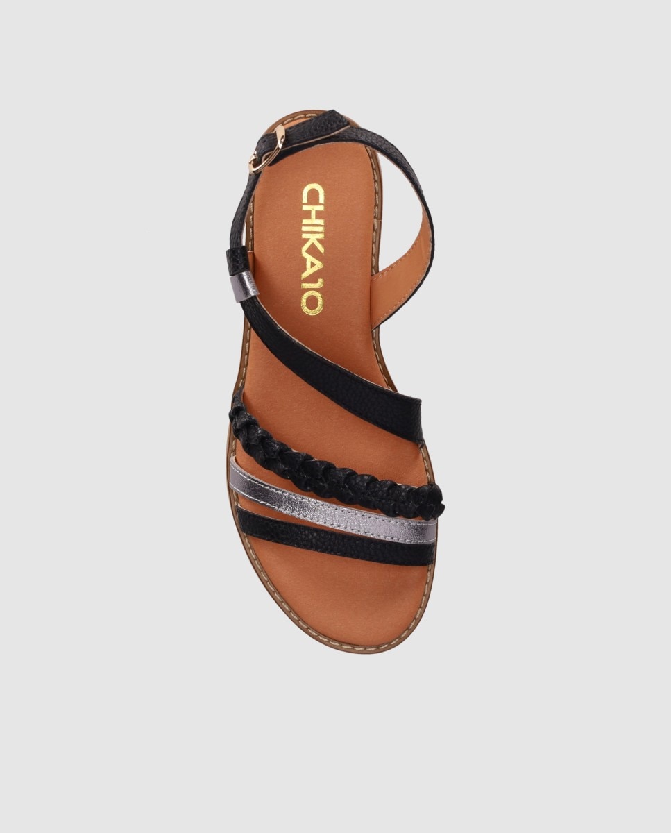 Sandalias de tiras de mujer de piel con plantilla acolchada y cierre de hebilla al tobillo - Chika10 - Negro / Plata Negro / Plata-4