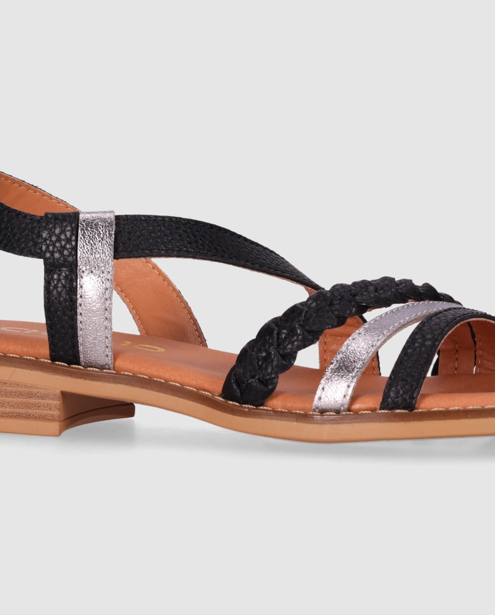 Sandalias de tiras de mujer de piel con plantilla acolchada y cierre de hebilla al tobillo - Chika10 - Negro / Plata Negro / Plata-5