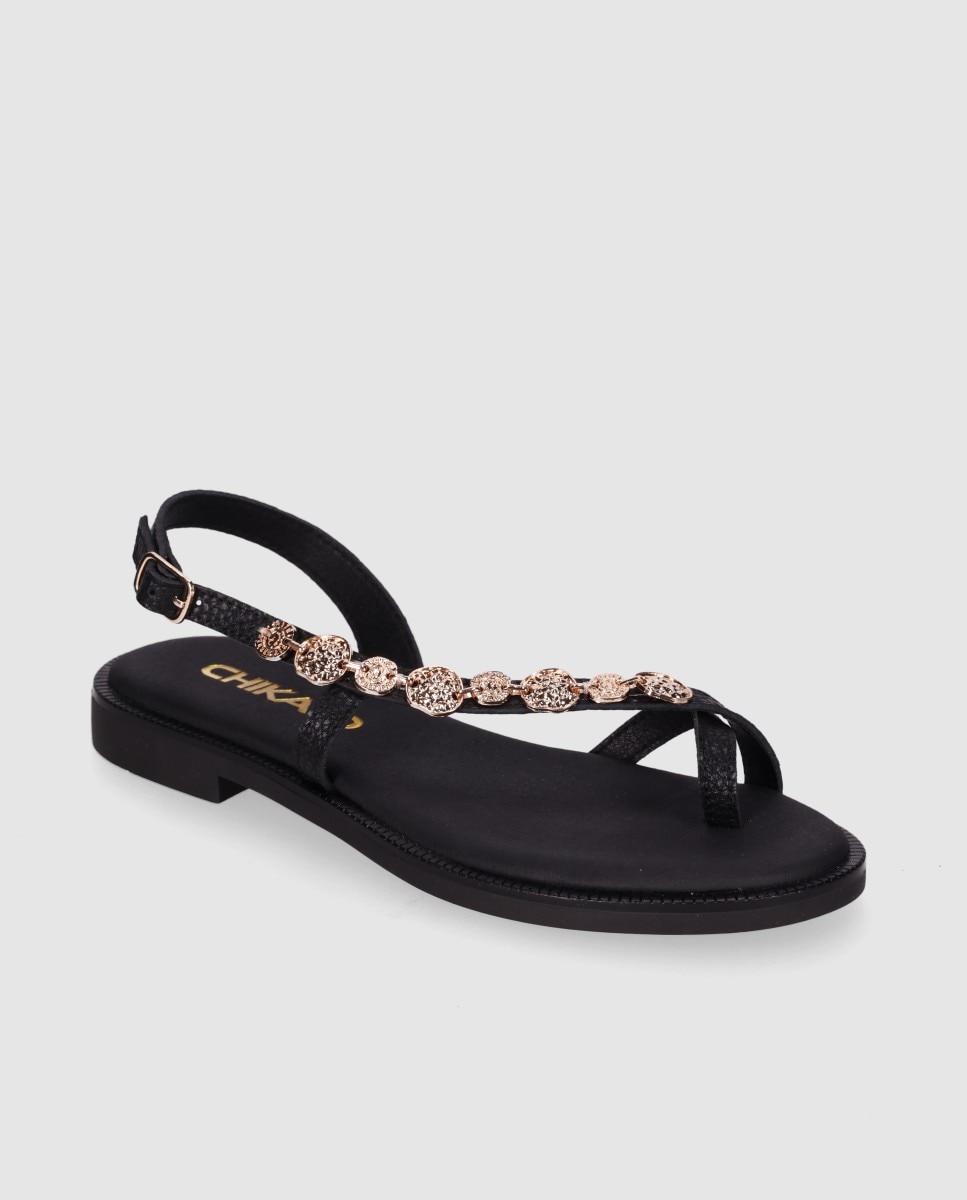 Sandalias de dedo de mujer planas de piel con doble tira frontal y piezas metálicas decorativas - Chika10 - Negro Negro-3