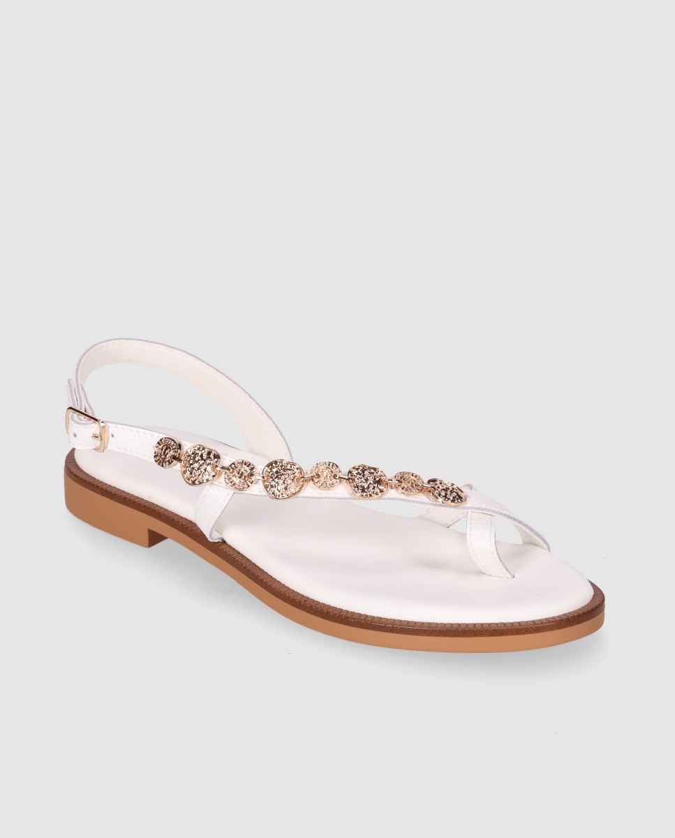 Sandalias de dedo de mujer planas de piel con doble tira frontal y piezas metálicas decorativas - Chika10 - Blanco Blanco-3