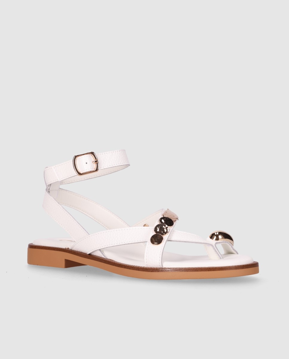 Sandalias de dedo de mujer planas realizadas en piel con pala de tiras cruzadas y cierre hebilla al tobillo - Chika10 - Blanco Blanco-3