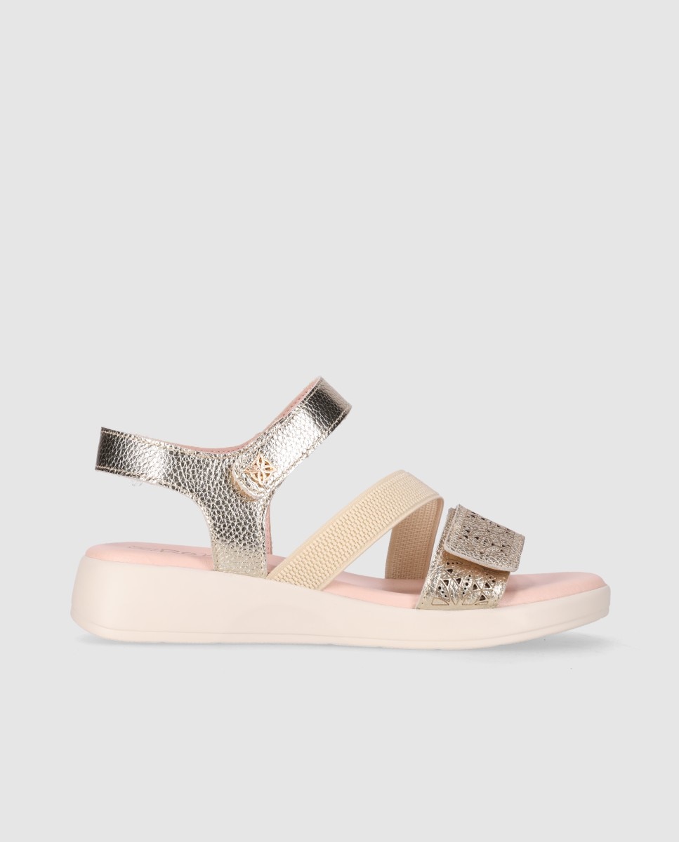 Sandalias de cuña de mujer en piel con suela lligera y tira ajustables - Chika10 - Oro Oro-1