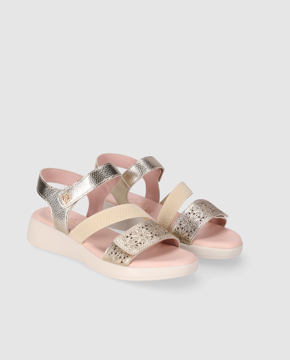 Sandalias de cuña de mujer en piel con suela lligera y tira ajustables - Chika10 - Oro Oro-3