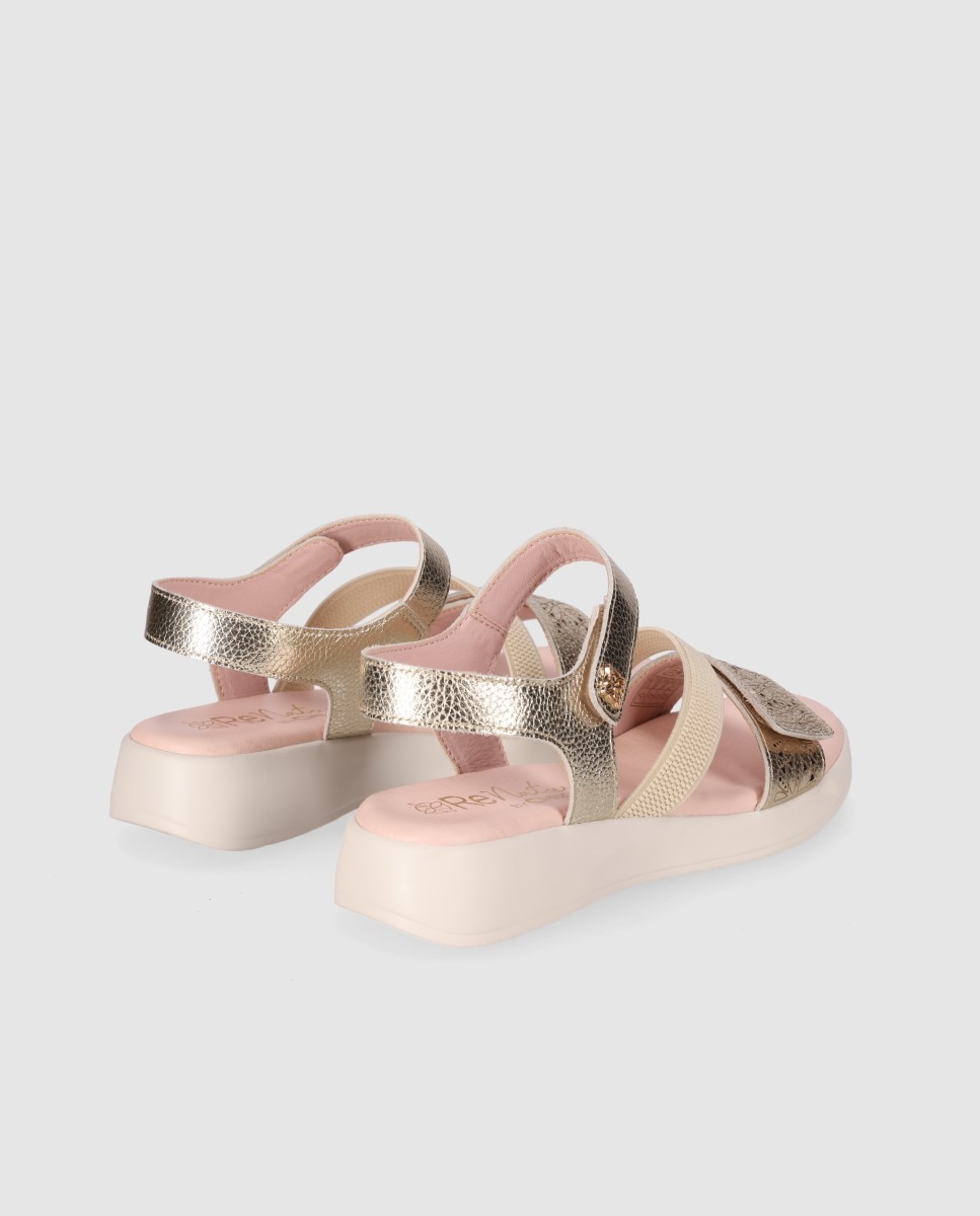 Sandalias de cuña de mujer en piel con suela lligera y tira ajustables - Chika10 - Oro Oro-2