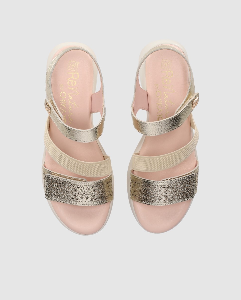 Sandalias de cuña de mujer en piel con suela lligera y tira ajustables - Chika10 - Oro Oro-4