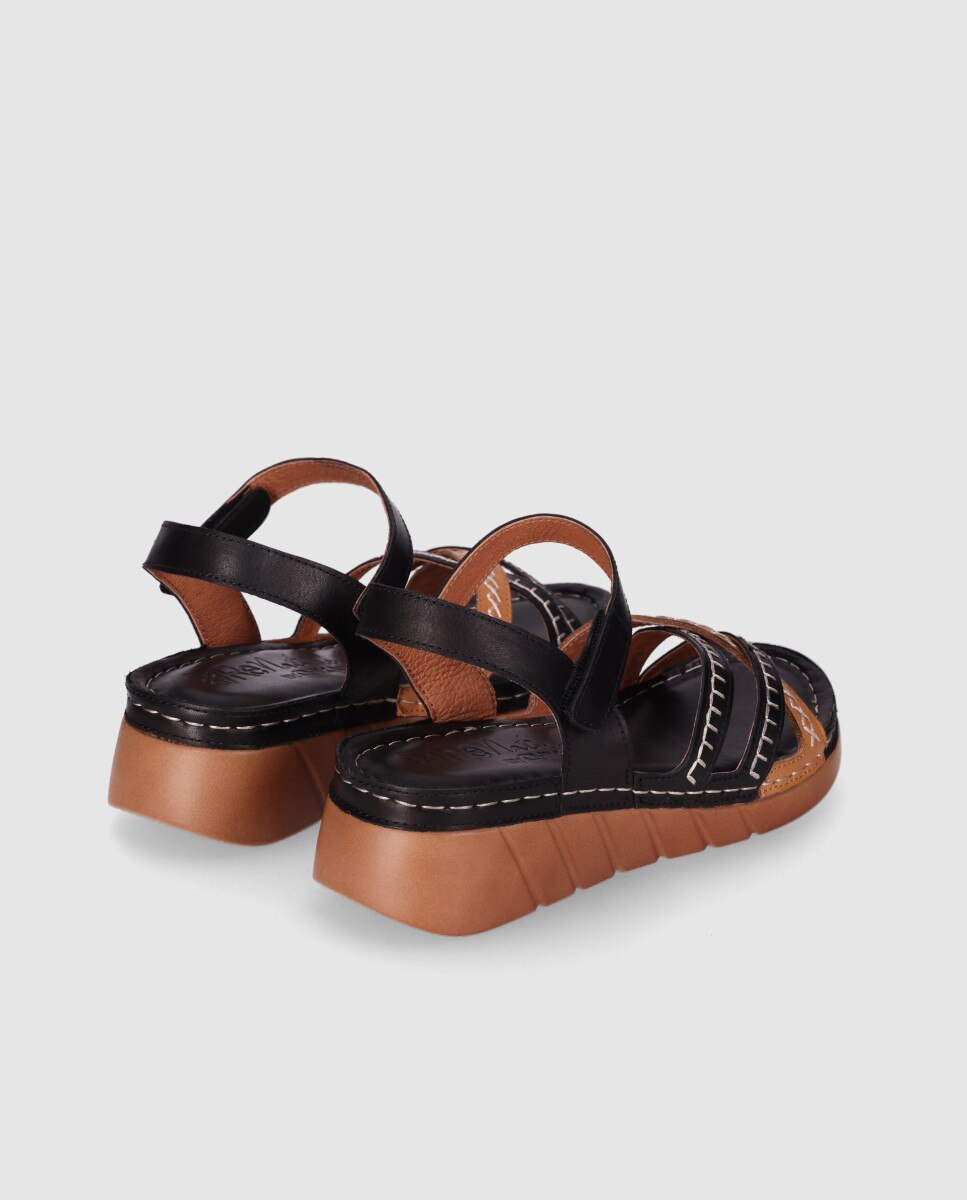 Sandalias de cuña de mujer diseñadas en piel con tiras finas flexibles y cierre autoaherente - Chika10 - Negro Negro-2