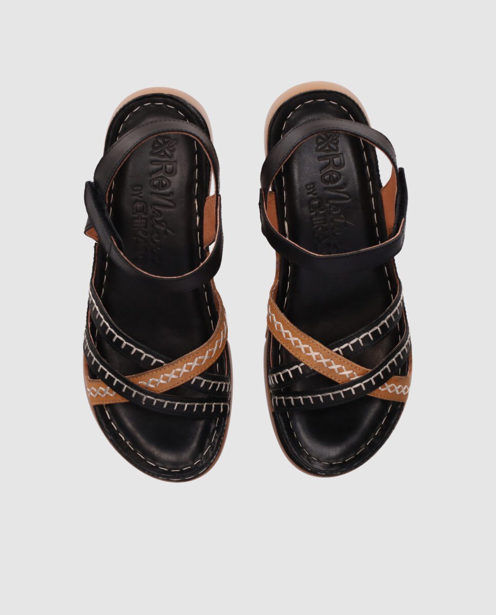 Sandalias de cuña de mujer diseñadas en piel con tiras finas flexibles y cierre autoaherente - Chika10 - Negro Negro-4