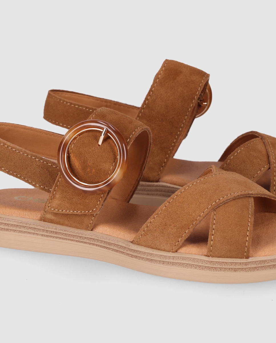 Sandalias planas de mujer en piel con suela ligera y pulsera al talón de hebilla - Chika10 - Marrón claro Marrón claro-5