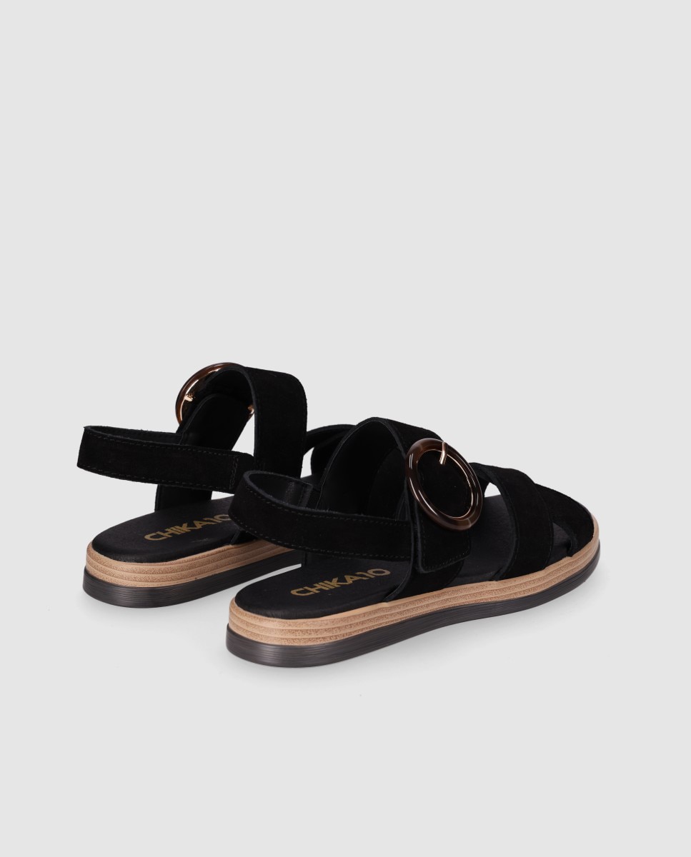 Sandalias planas de mujer en piel con suela ligera y pulsera al talón de hebilla - Chika10 - Negro Negro-2