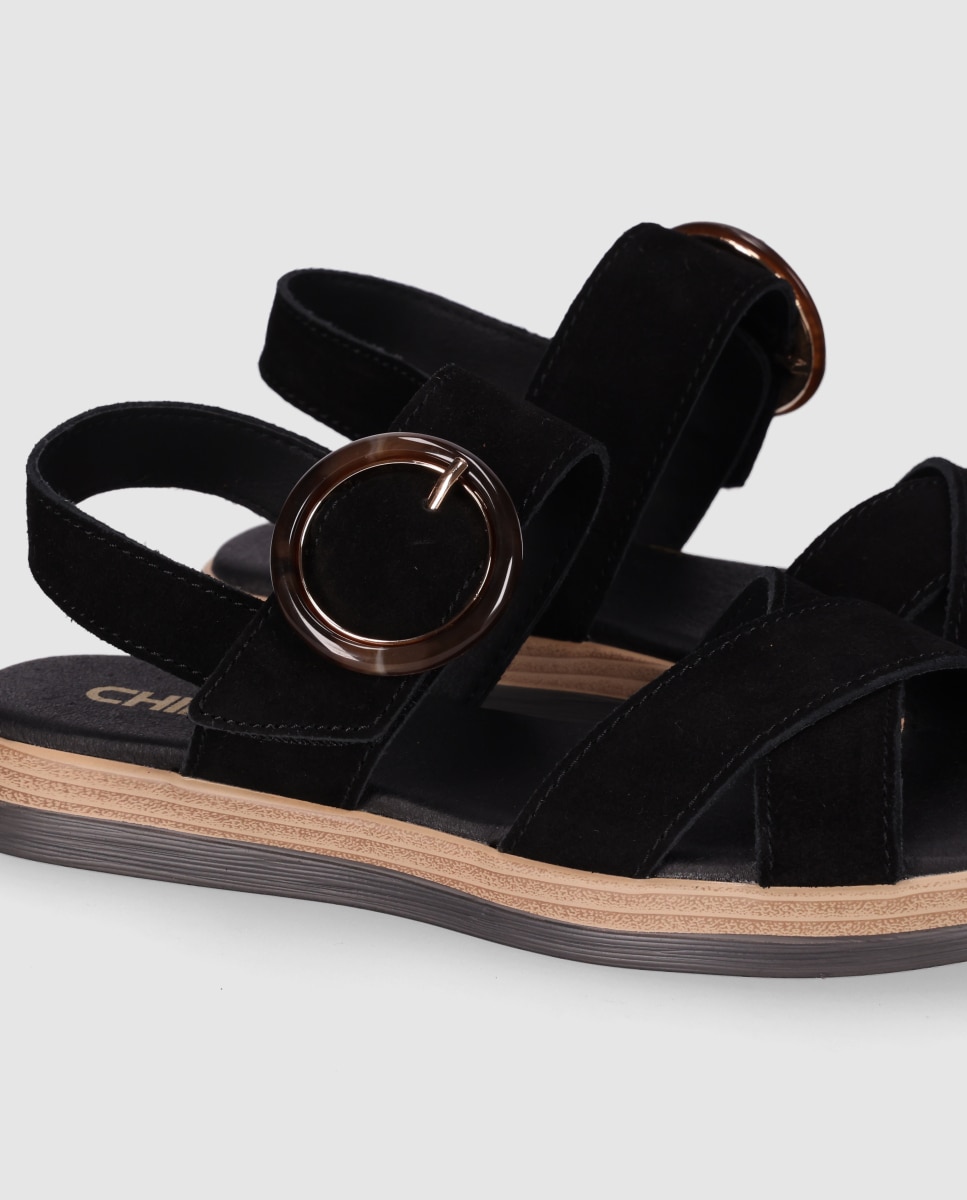 Sandalias planas de mujer en piel con suela ligera y pulsera al talón de hebilla - Chika10 - Negro Negro-5