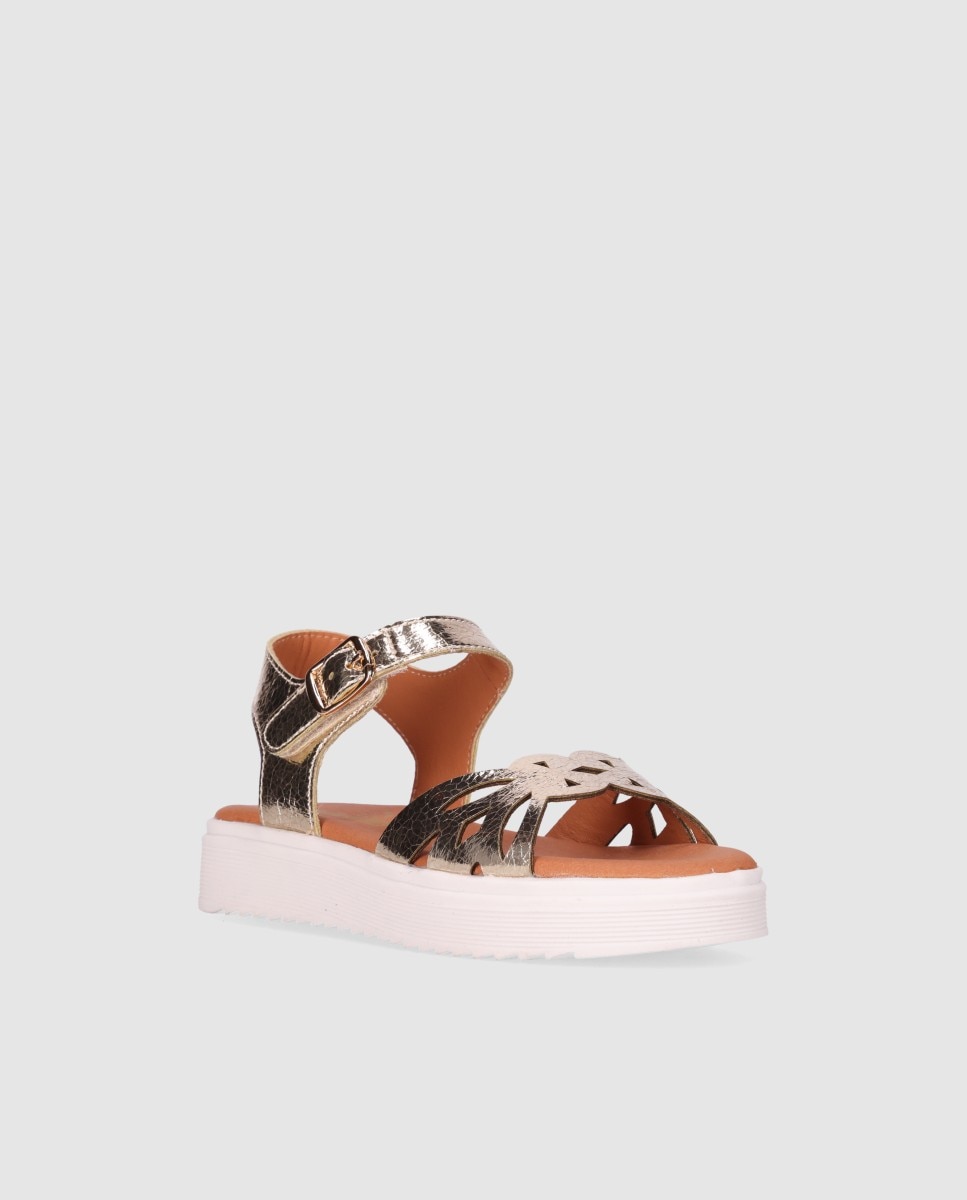 Sandalias abiertas de niña con diseño simétrico troquelado en piel y cierre de hebilla - Chika10 Kids - Oro Oro-2