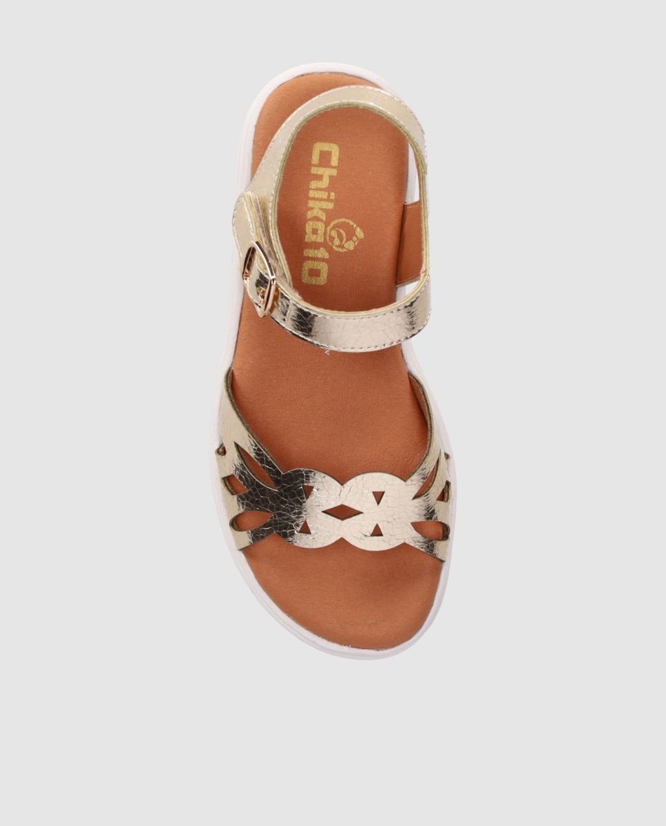 Sandalias abiertas de niña con diseño simétrico troquelado en piel y cierre de hebilla - Chika10 Kids - Oro Oro-4