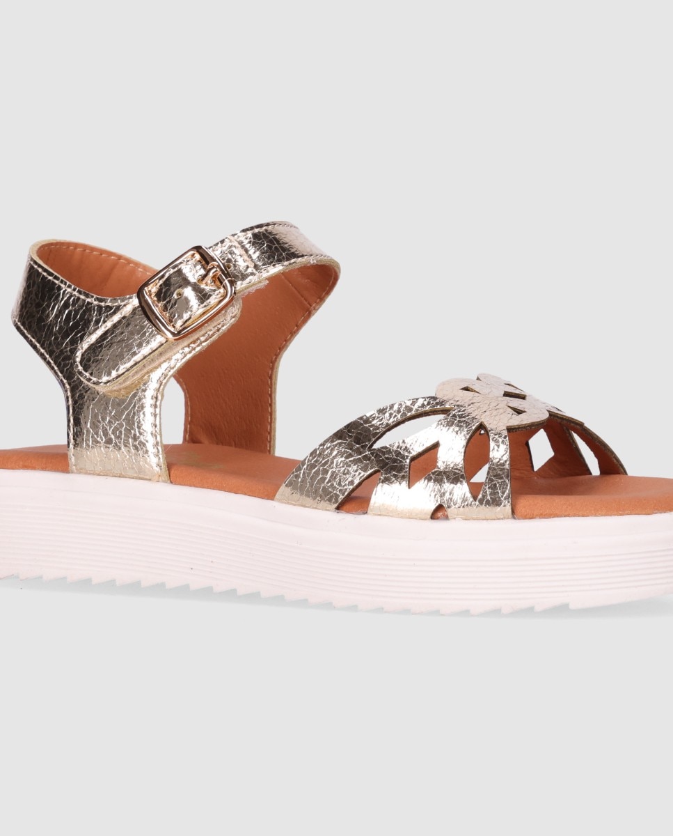 Sandalias abiertas de niña con diseño simétrico troquelado en piel y cierre de hebilla - Chika10 Kids - Oro Oro-5