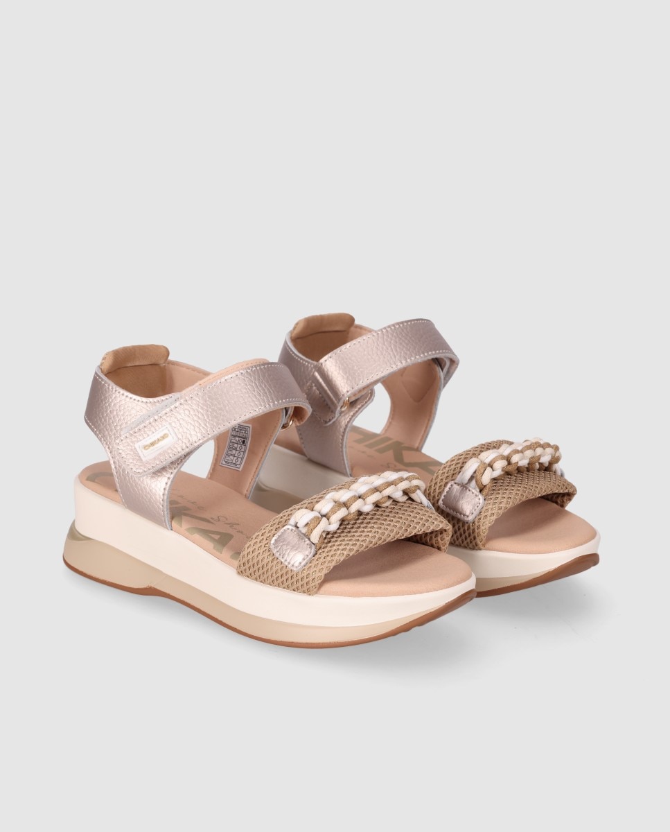 Sandalias de cuña baja de mujer con tejido transpirable y trenzado decorativo en el frente - Chika10 - Oro Oro-3