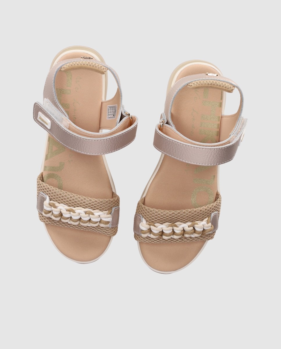 Sandalias de cuña baja de mujer con tejido transpirable y trenzado decorativo en el frente - Chika10 - Oro Oro-4