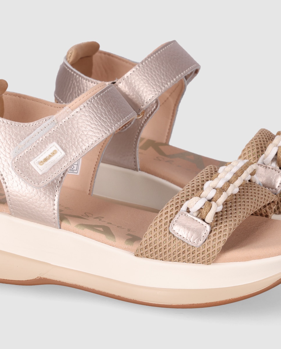 Sandalias de cuña baja de mujer con tejido transpirable y trenzado decorativo en el frente - Chika10 - Oro Oro-5