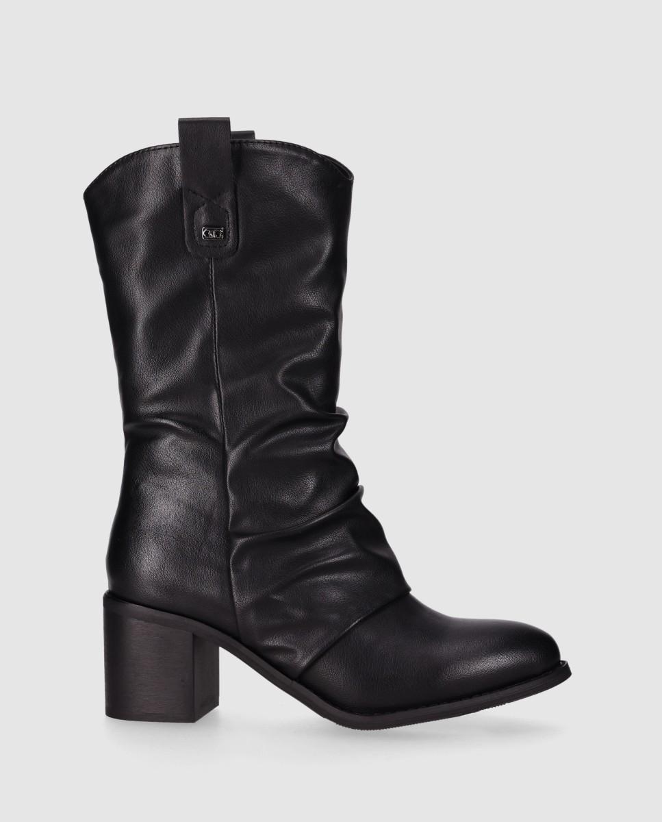 Botines de mujer con caña media de detalles fruncidos y tacón ancho - Chika10 - Negro Negro-1