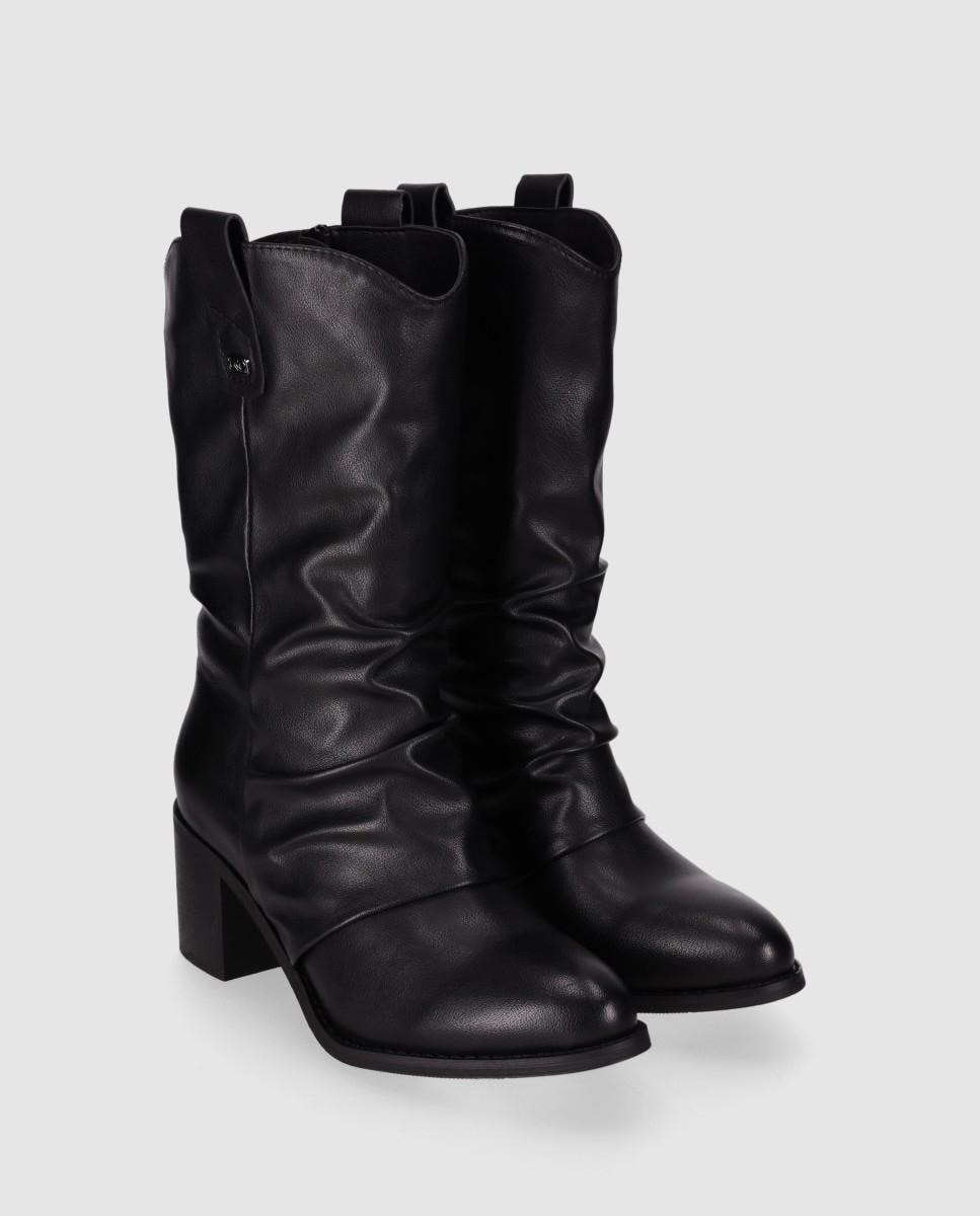 Botines de mujer con caña media de detalles fruncidos y tacón ancho - Chika10 - Negro Negro-4