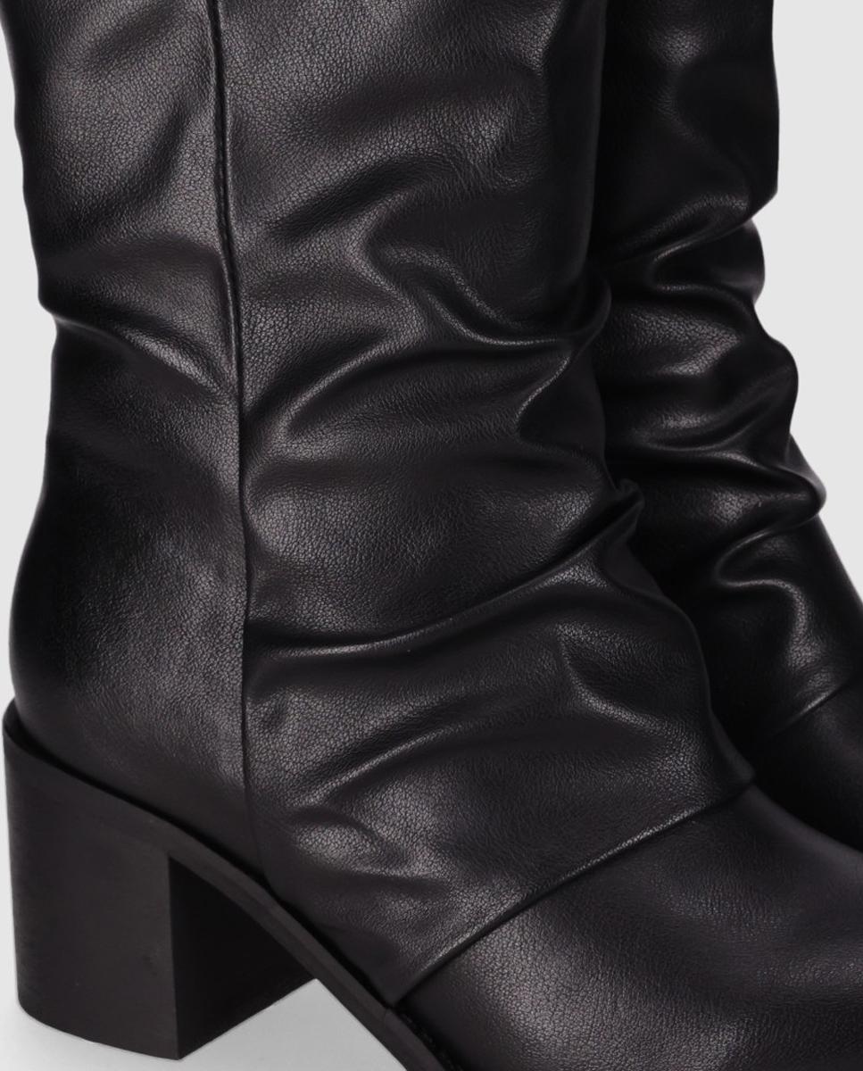 Botines de mujer con caña media de detalles fruncidos y tacón ancho - Chika10 - Negro Negro-2