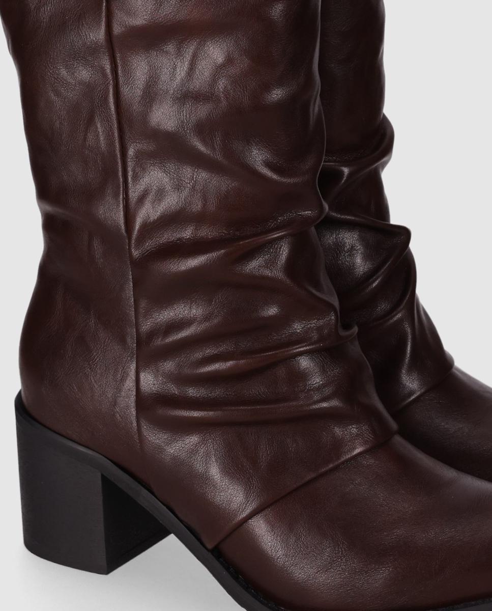 Botines de mujer con caña media de detalles fruncidos y tacón ancho - Chika10 - Marrón Marrón-4