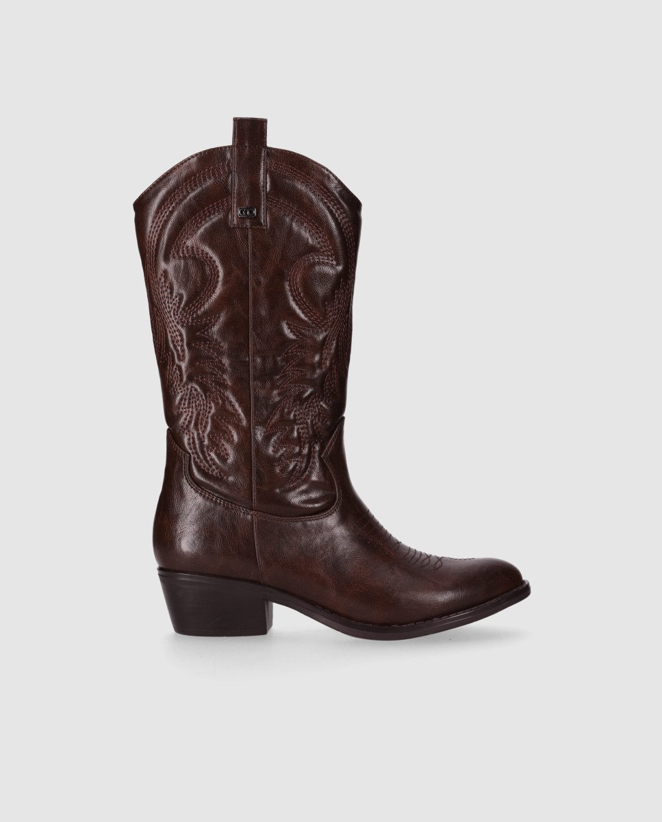 Botas cowboy de mujer con tacón medio y bordados decorativos - Chika10 - Marrón Marrón-1